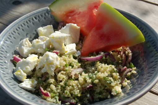 Couscous met watermeloen en feta